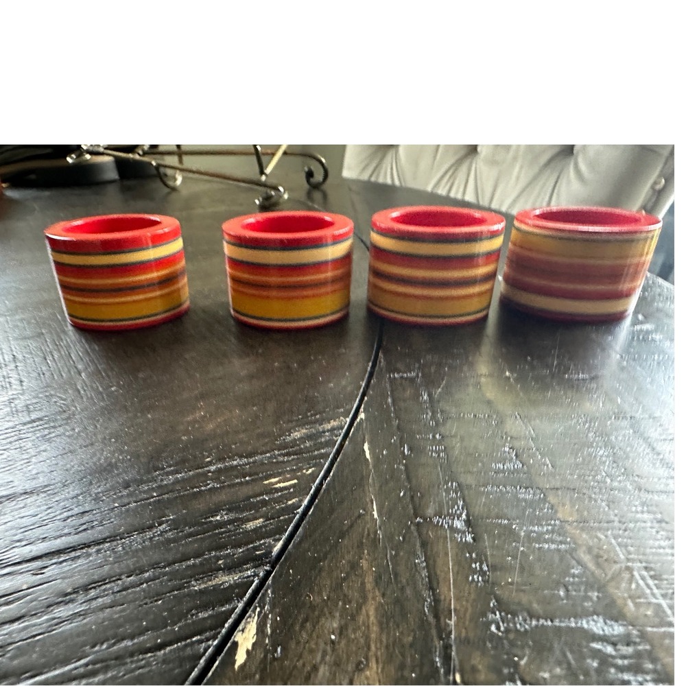Set of 4 Striped Wooden Napkin Rings Red Orange Yellow Boho Table Decor vintage